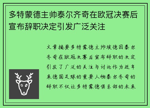 多特蒙德主帅泰尔齐奇在欧冠决赛后宣布辞职决定引发广泛关注